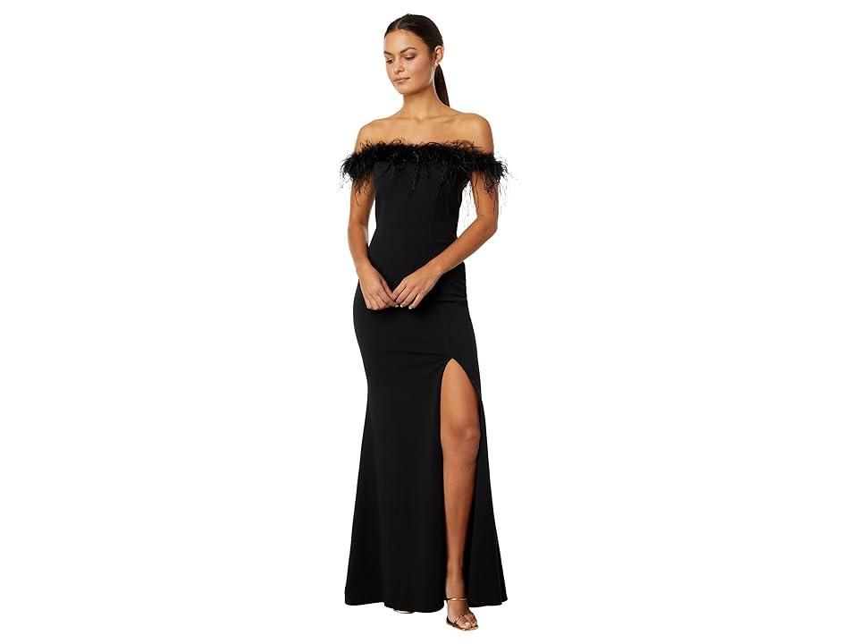 Xscape Feather Trim Off the Shoulder Scuba Gown Product Image