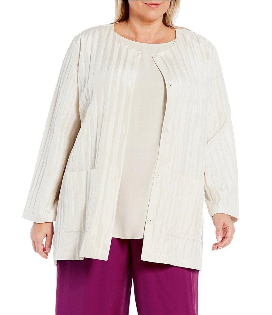 Eileen Fisher Plus Size Habutai Silk Round Neck Long Sleeve Pocketed Button-Front Quilted Jacket Product Image