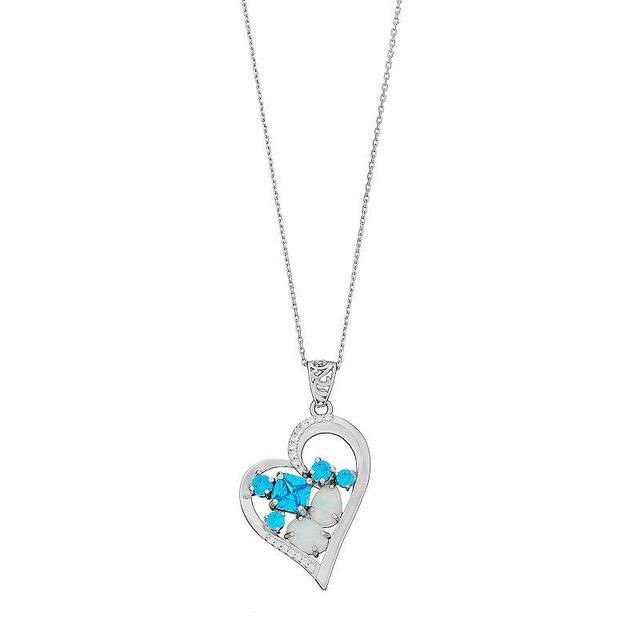 Sterling Silver Lab-Created Opal & Cubic Zirconia Heart Pendant Necklace, Womens Blue Product Image