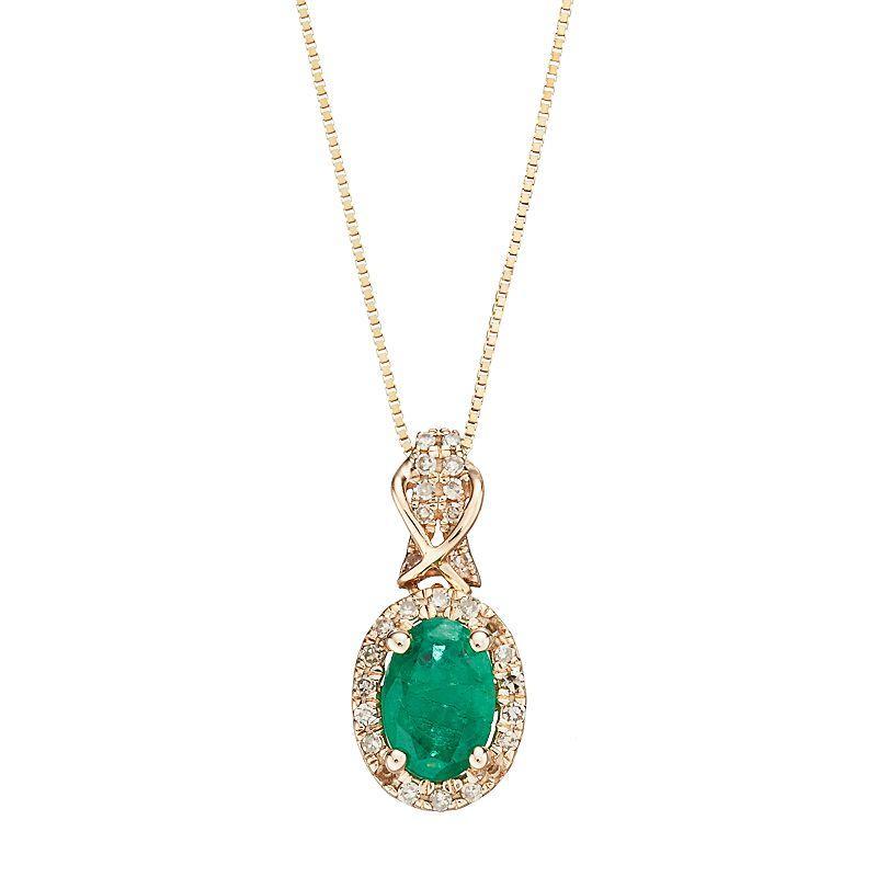 Gemminded 10k Gold Emerald & 1/6 Carat T.W. Diamond Halo Pendant Necklace, Womens Green Product Image