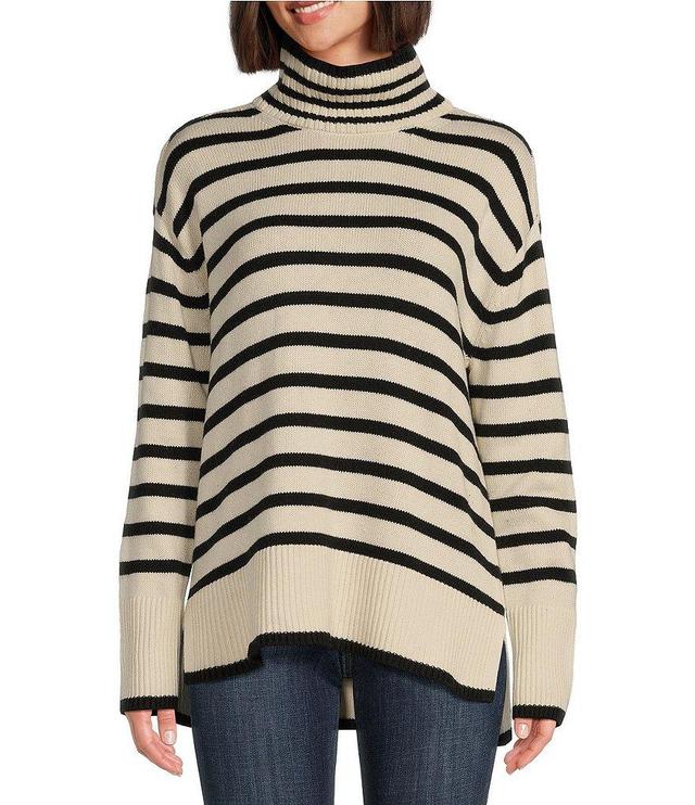 Lucky Brand Horizontal Stripe Side Slit Mock Neck Long Sleeve Sweater Product Image