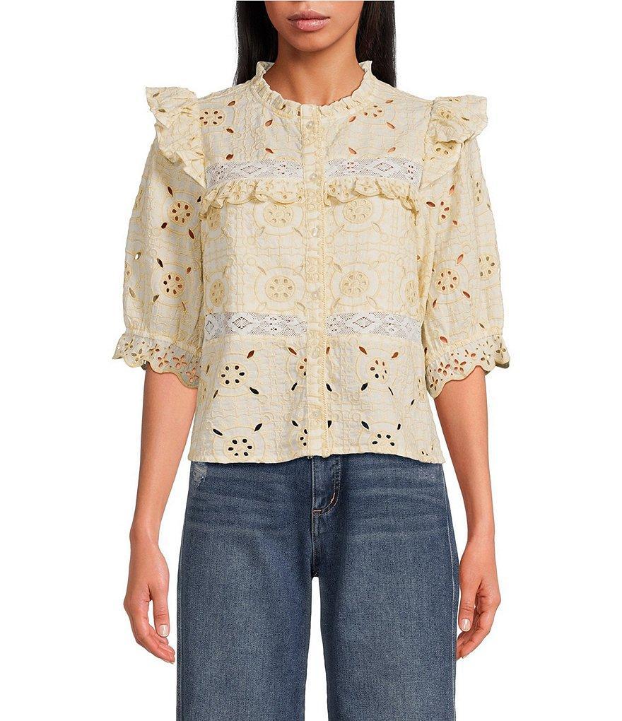 Sam Edelman Kailani Eyelet Crew Neckline Puff Elbow Sleeve Blouse Product Image