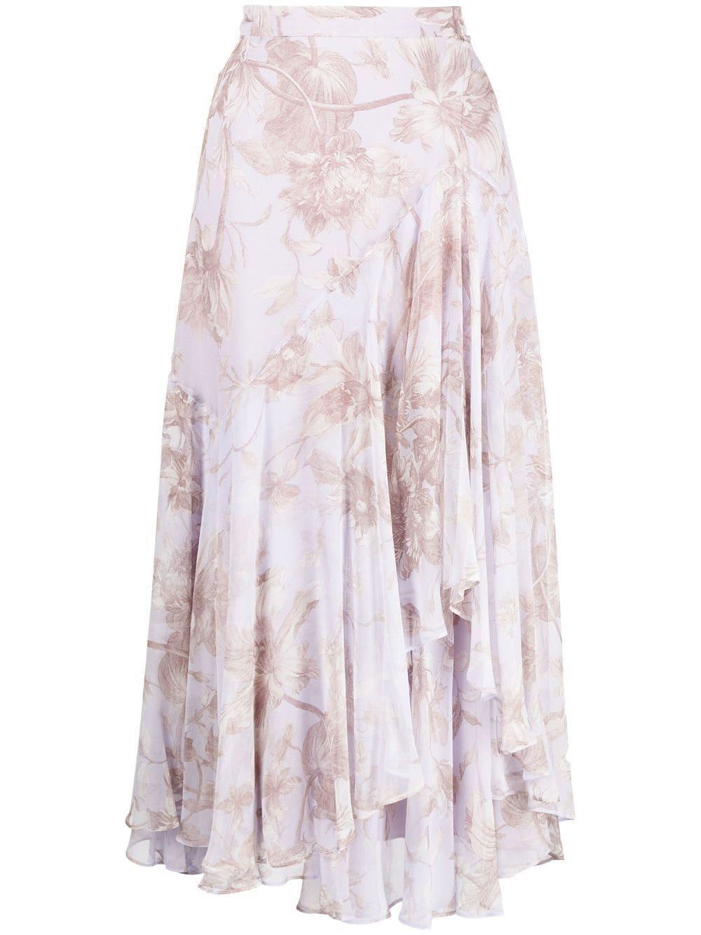 Pleated Layered Floral Midi-skirt In Lilac White Product Image