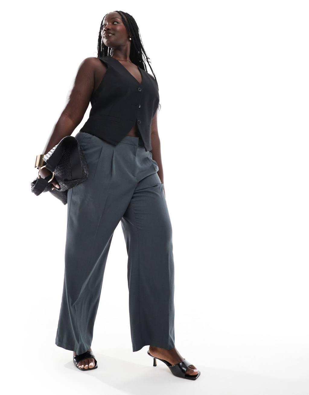 Vero Moda Curve Rita tailored wide leg dad pants in asphalt gray Product Image