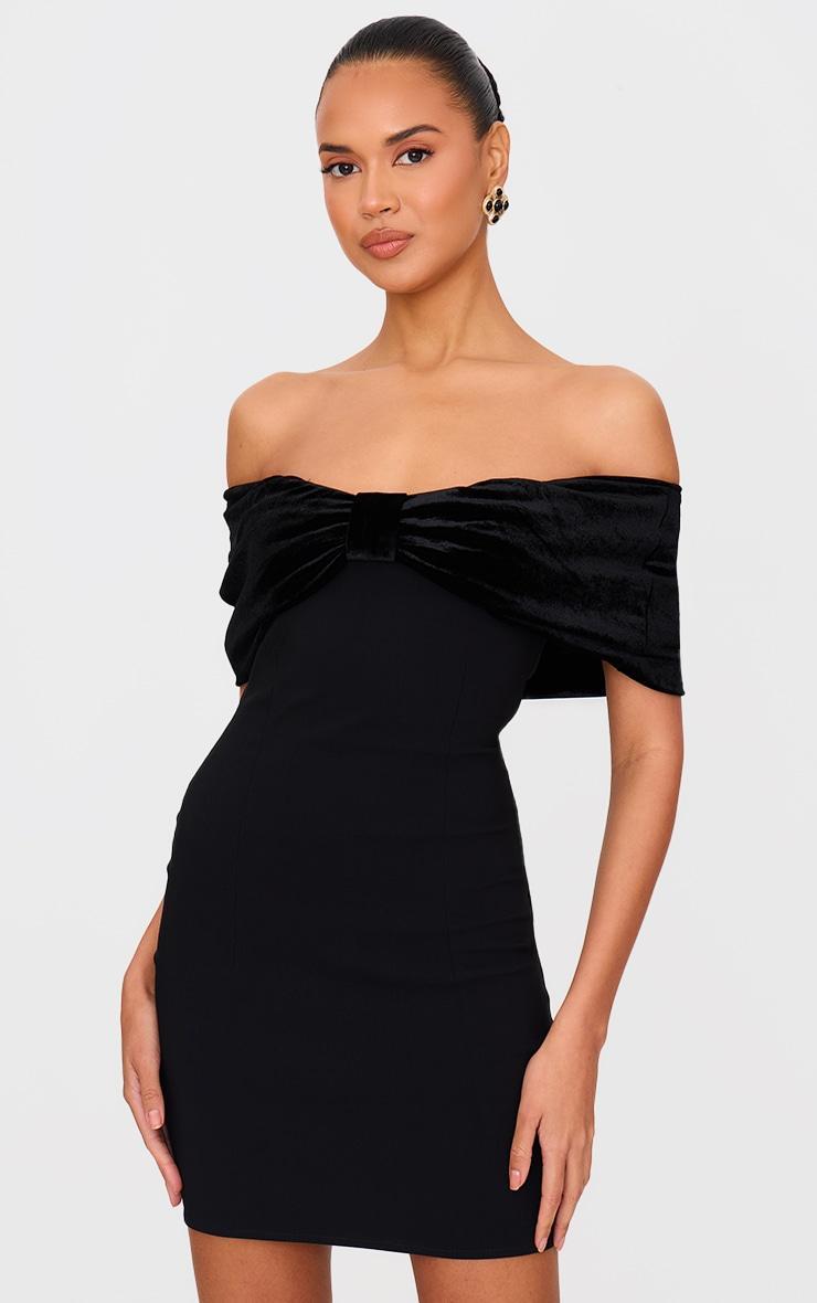 Black Stretch Woven Velvet Bow Bardot Mini Dress Product Image