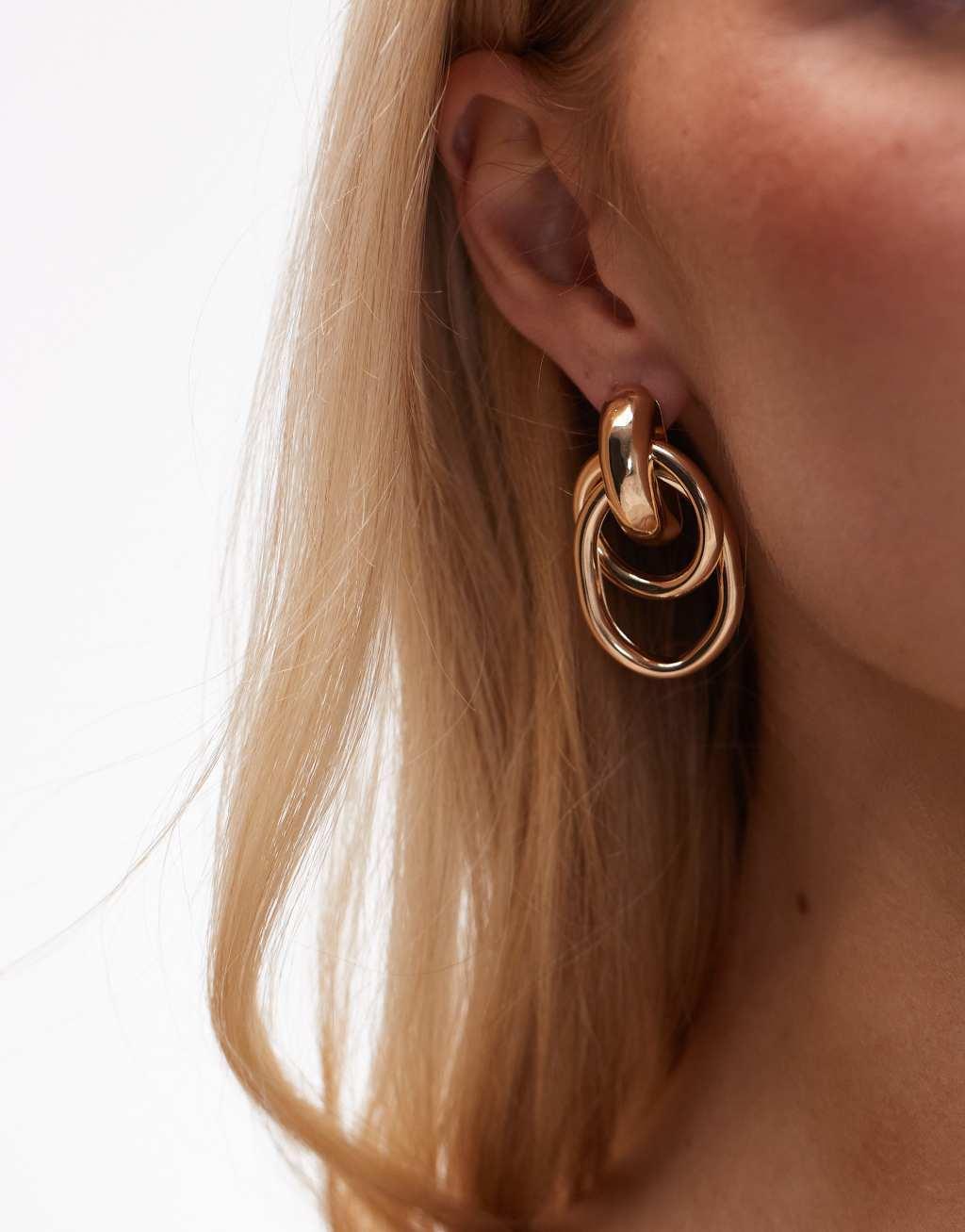 Topshop Eloise double drop door knocker earrings in gold tone Product Image