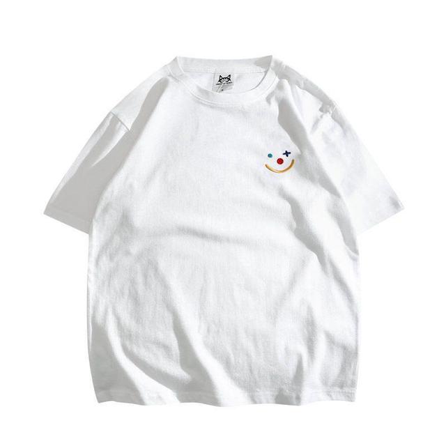 Short-Sleeve Smiley Face Embroidered T-Shirt Product Image