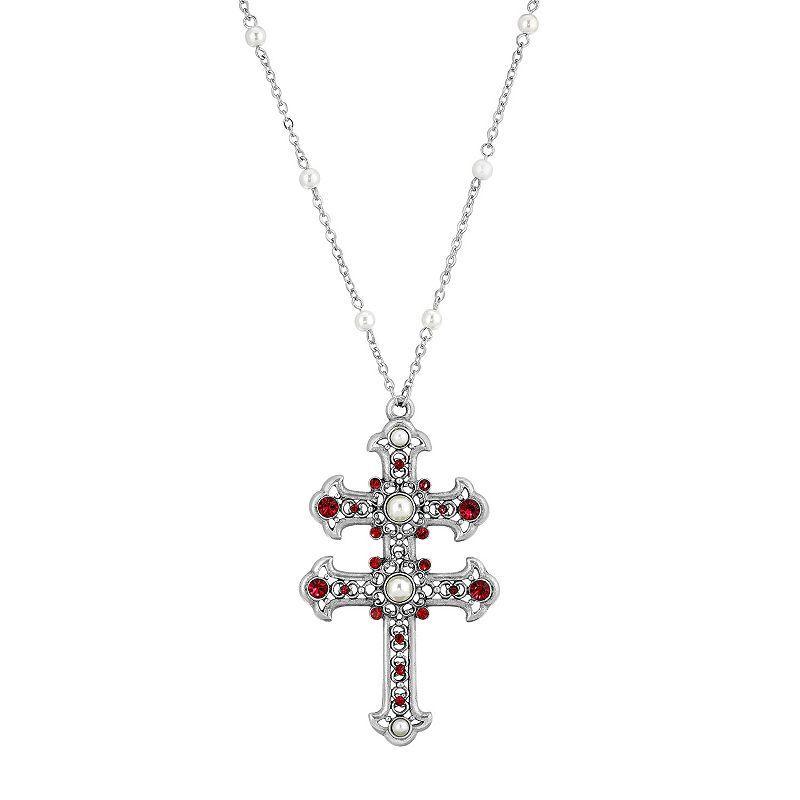 1928 Simulated Pearl & Simulated Crystal Double Cross Pendant Necklace, Womens, Red Product Image