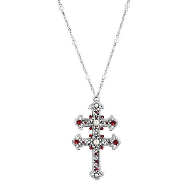 1928 Simulated Pearl & Simulated Crystal Double Cross Pendant Necklace, Womens, Red Product Image