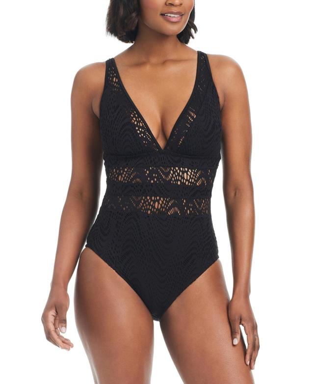 Bar Iii Womens Crochet Plunge-Neck One-Piece Swimsuit, Created for Macys Product Image