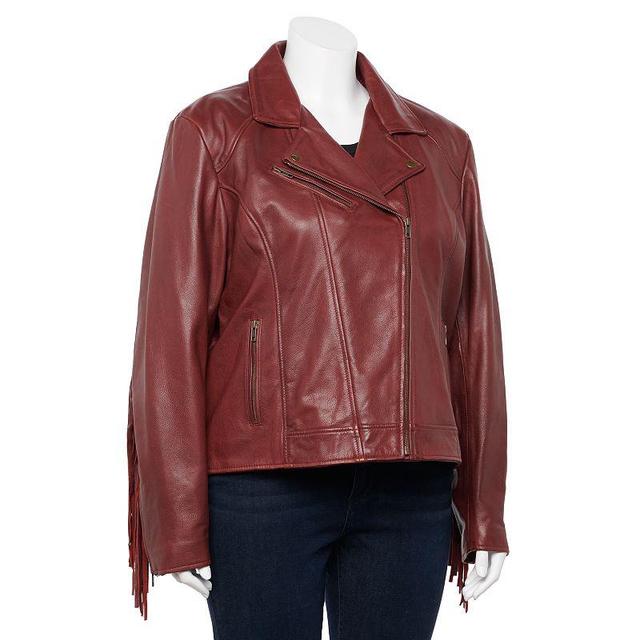 Plus Size Whet Blu Daisy Fringe Asymmetrical Leather Jacket, Womens Red Product Image