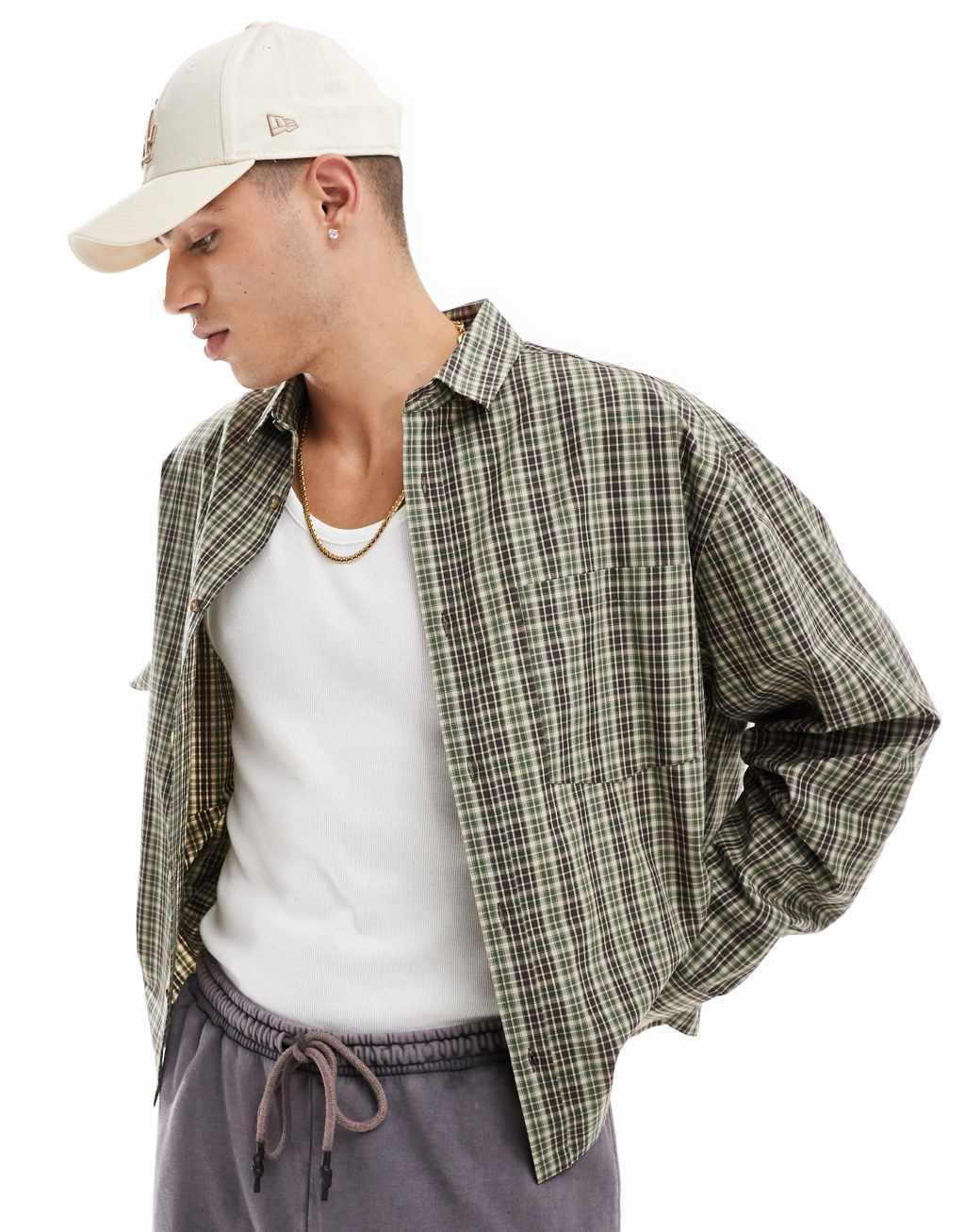 ASOS DESIGN boxy oversized shirt in green plaid Product Image