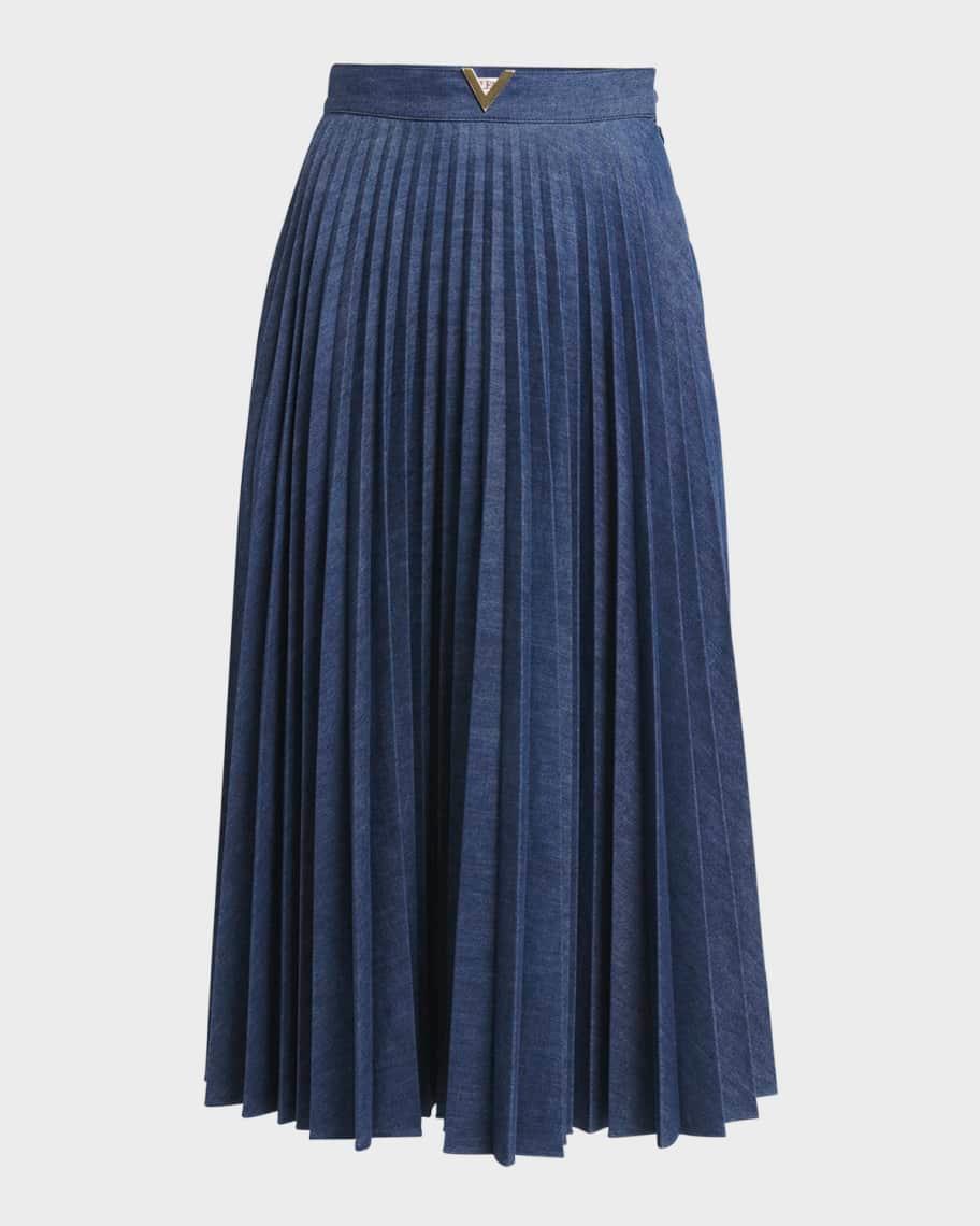 V-Logo Pleated Denim Midi Skirt Product Image