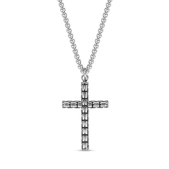 Men's Rib-Textured Cross Pendant in Stainless Steel and Black IP - 24" Product Image