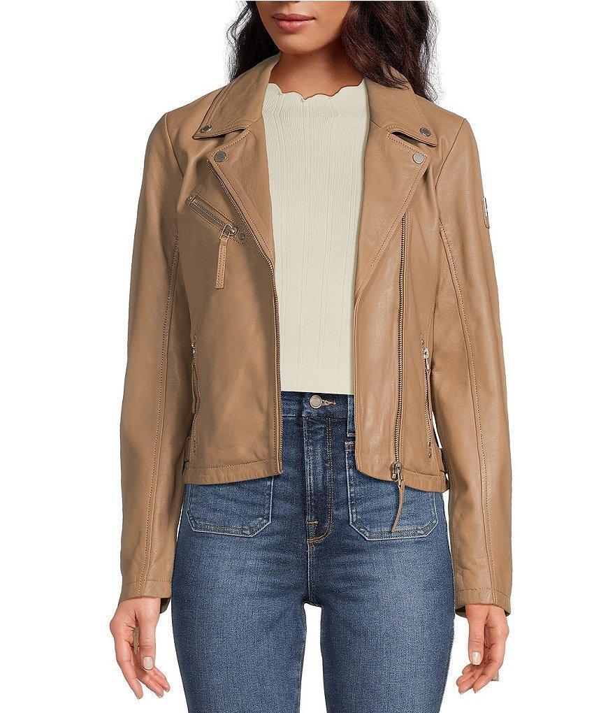 Mauritius Lambskin Leather Notch Collar Asymmetrical Zip Classic Moto Jacket Product Image