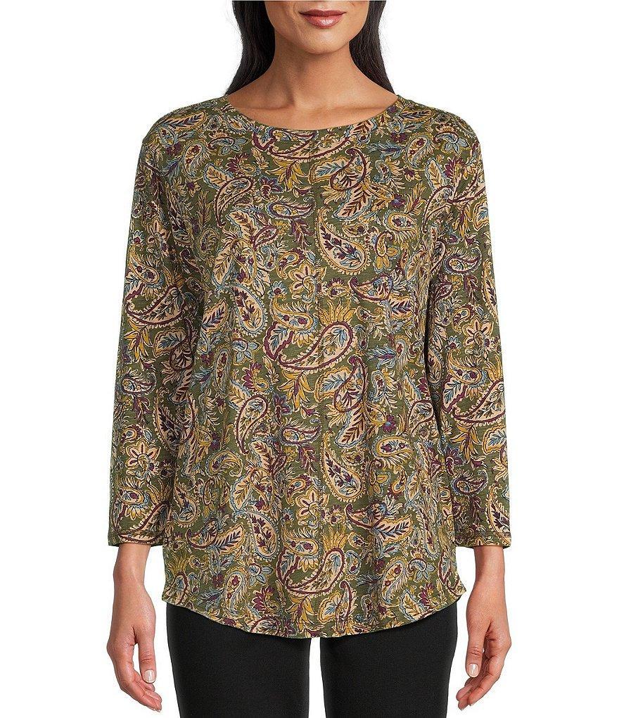 Westbound Vibrant Paisley Print 3/4 Sleeve Knit Crew Neck Top Product Image