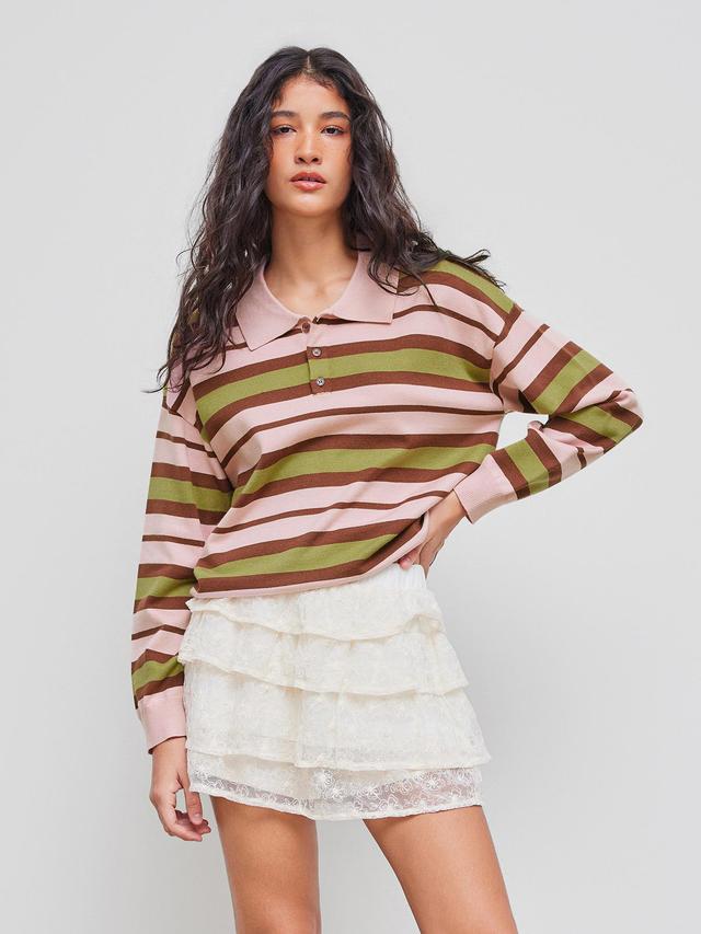 Knit Polo Striped Long Sleeve Oversized Top Product Image