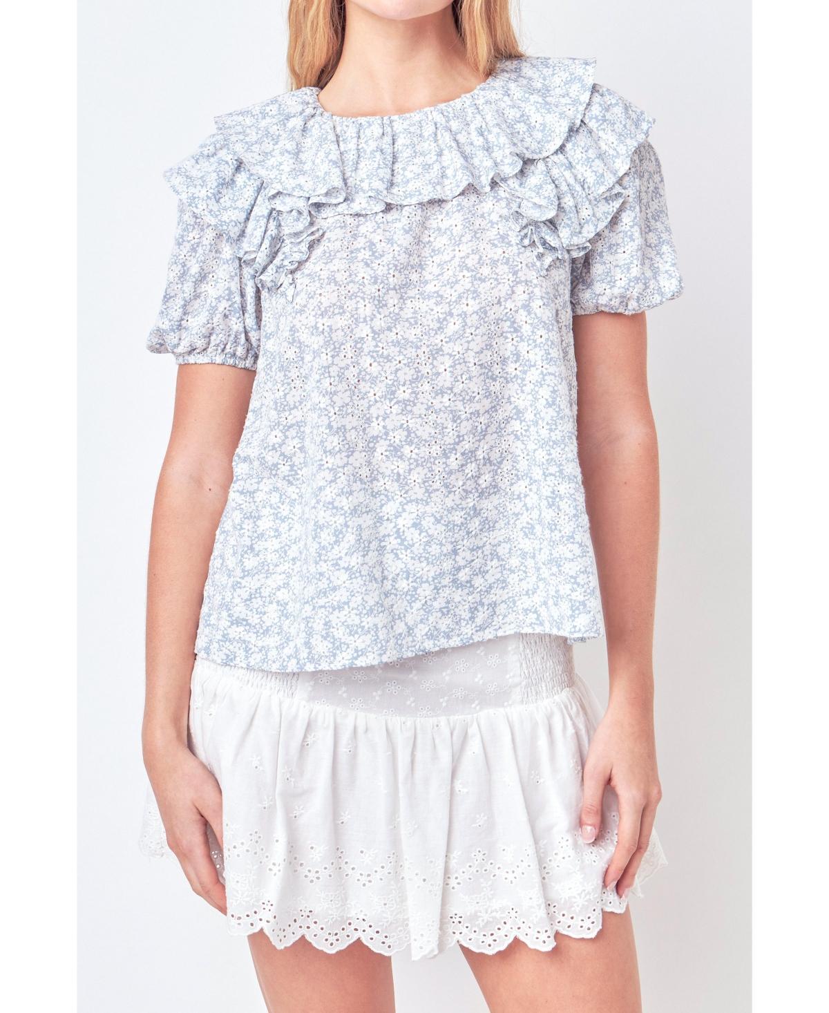 Free the Roses Womens Floral Print Ruffle Top with Puff Sleeves - Blue Product Image