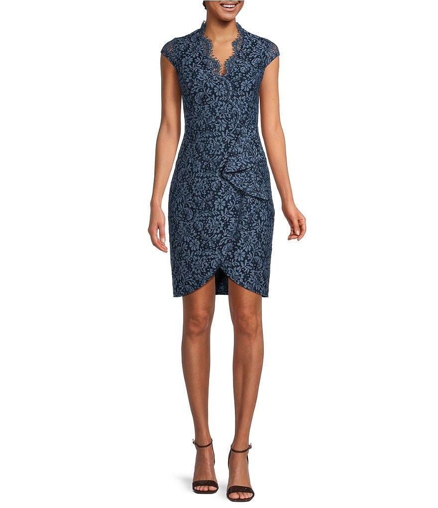 Vince Camuto Cap Sleeve Wrap Lace V-Neck Sheath Dress Product Image