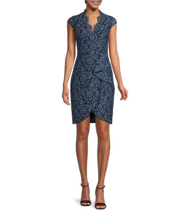 Vince Camuto Cap Sleeve Wrap Lace V-Neck Sheath Dress Product Image