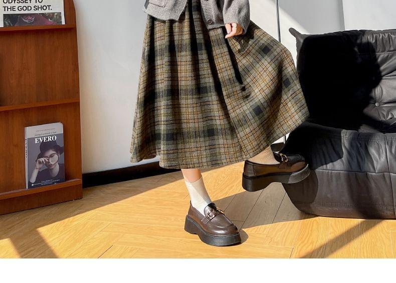 High Waist Plaid Midi A-Line Woolen Skirt Product Image