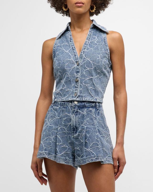 Deacon Floral-Embroidered Denim Vest Product Image