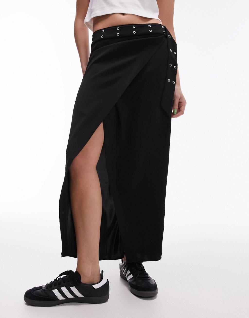 Topshop eyelet wrap low rise midi skirt in black Product Image