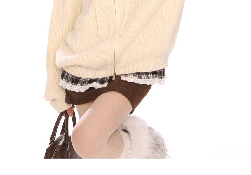 Plaid Panel Drawstring Hooded Ribbed Zip Cardigan Product Image