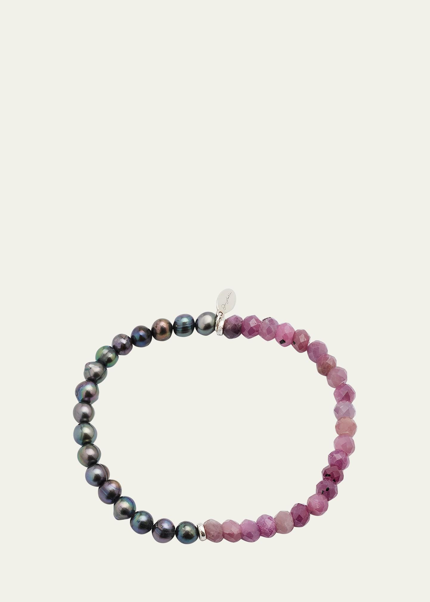 Mens Grey Freshwater Pearl and Gemstone Split Beaded Bracelet Product Image