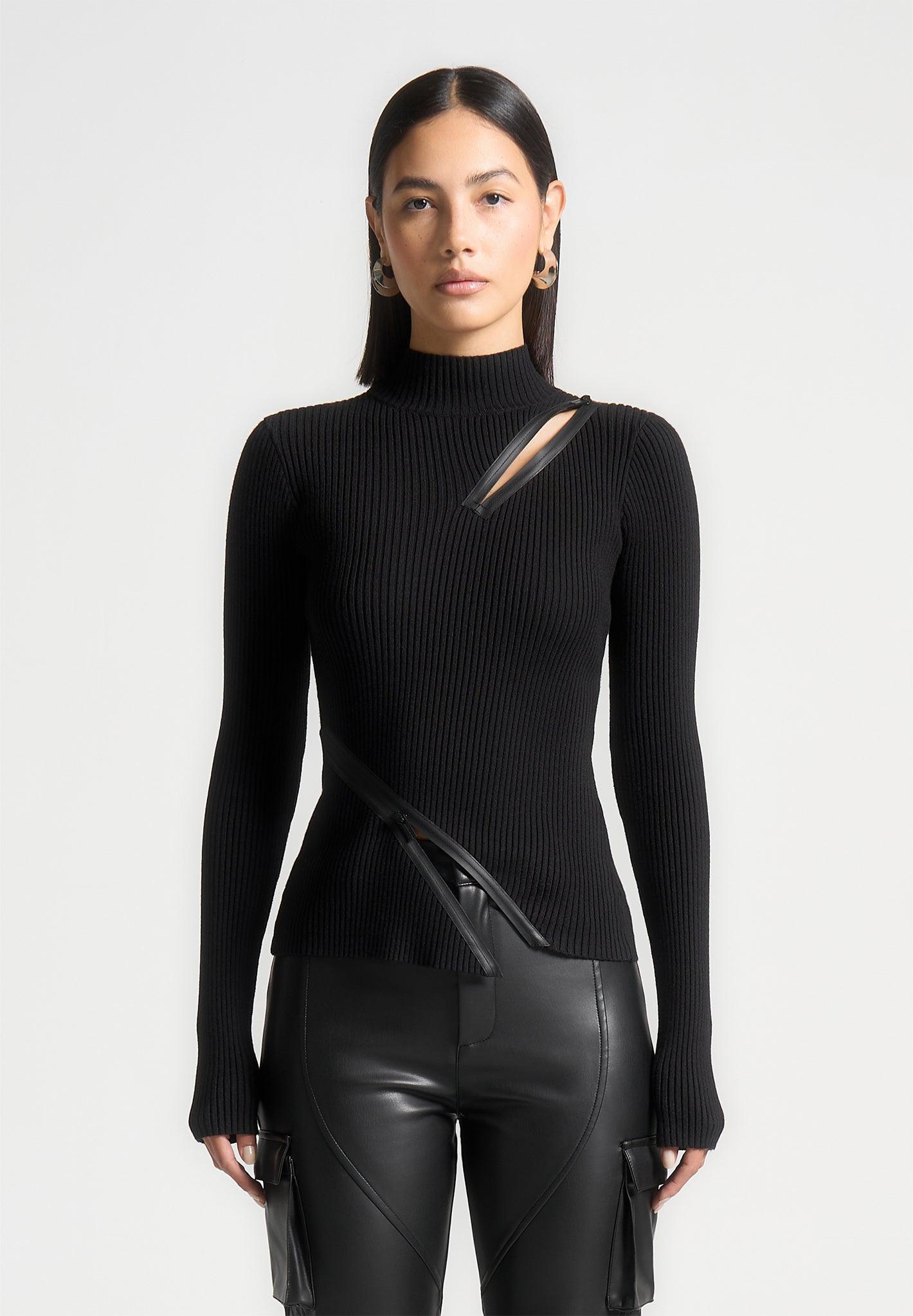 Zip Detail Ribbed High Neck Top - Black Female Product Image