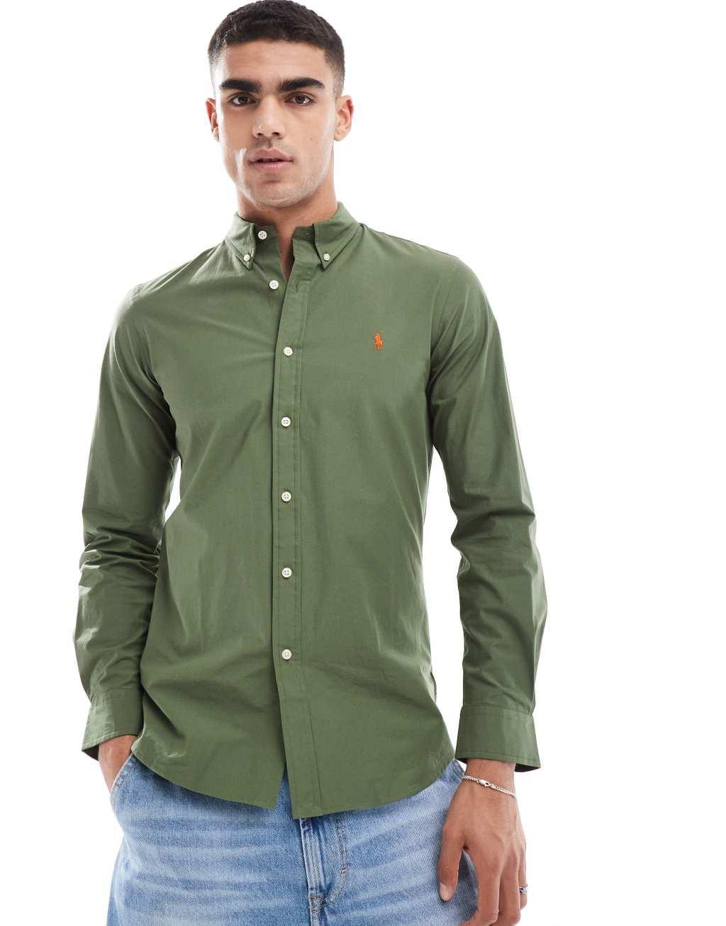 Polo Ralph Lauren icon logo slim fit poplin shirt in olive green Product Image