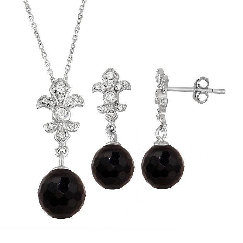 Onyx Cubic Zirconia Fleur-de-lux 2-piece Earring & Pendant Necklace Set, Womens Black Product Image