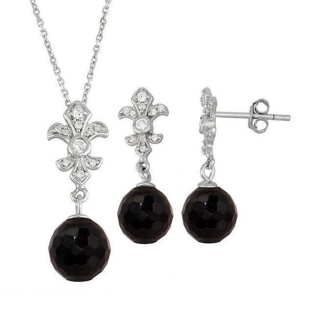 Onyx Cubic Zirconia Fleur-de-lux 2-piece Earring & Pendant Necklace Set, Womens Black Onyx Product Image