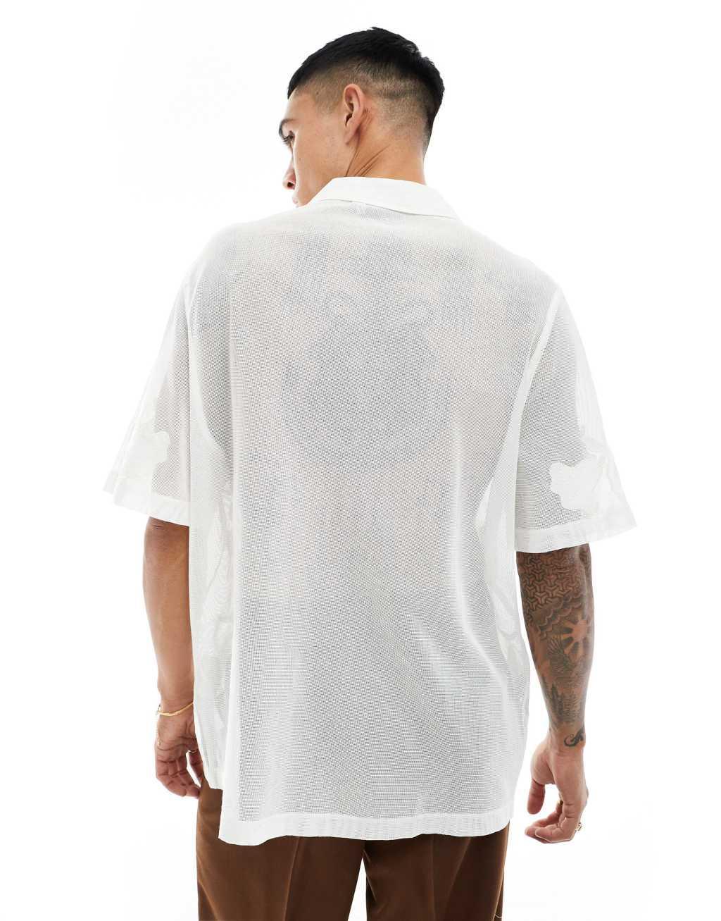 ASOS DESIGN short sleeve mesh revere shirt with embroidery in ecru  Product Image