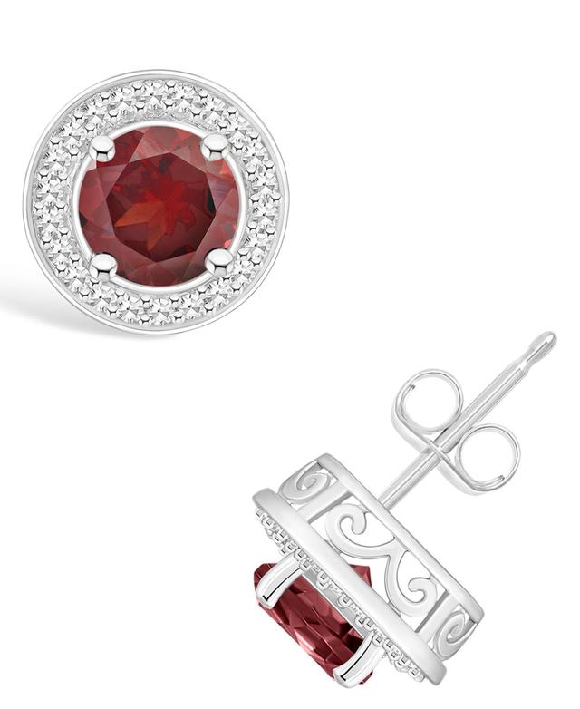 Celebration Gems Sterling Silver Round Gemstone & 1/5 Carat T.W. Diamond Halo Stud Earrings, Womens, Red Product Image