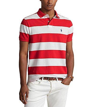 Polo Ralph Lauren Mens Classic-Fit Striped Mesh Polo Shirt - Post Red /White Product Image