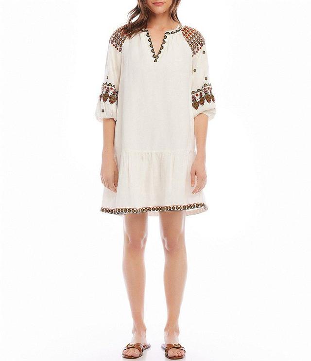 Karen Kane Petite Size Embroidered Linen Blend Split V-Neck 3/4 Peasant Sleeve Ruffle Hem Shift Dress Product Image