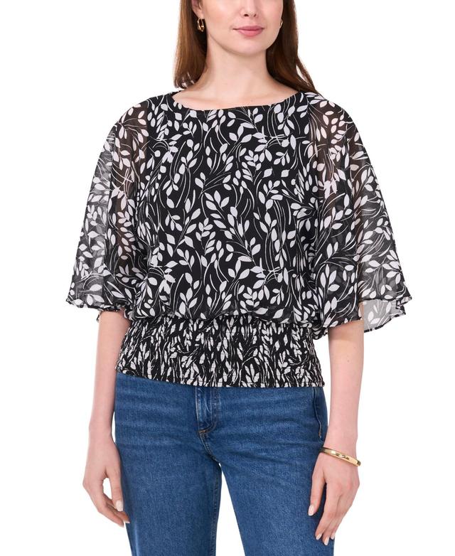 Sam & Jess Womens Smocked-Waist Leaf-Print Top - Black/ Product Image