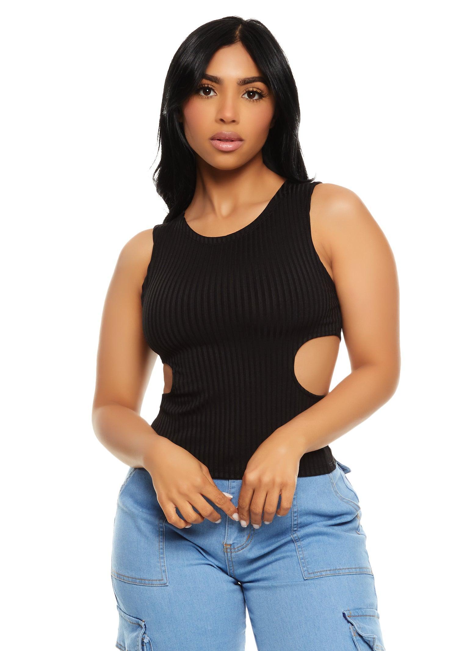 Womens Ribbed Knit Cut Out Side Tank Top Product Image