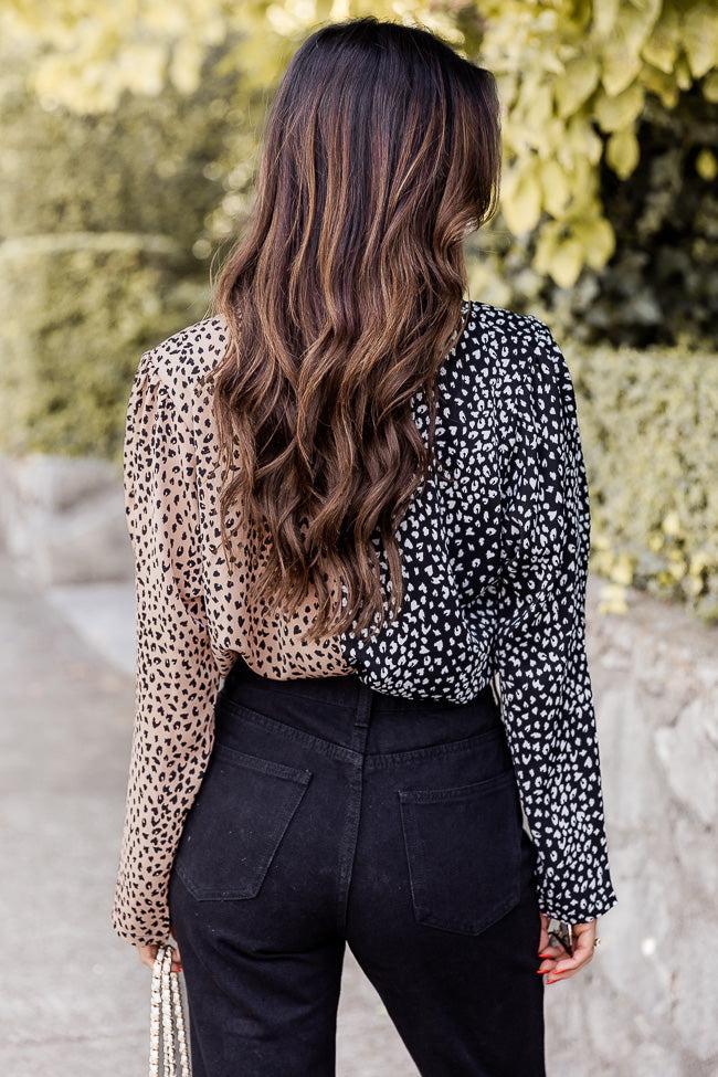 Can't Deny My Love Black and Taupe Spliced Leopard Print Bodysuit FINAL SALE Product Image