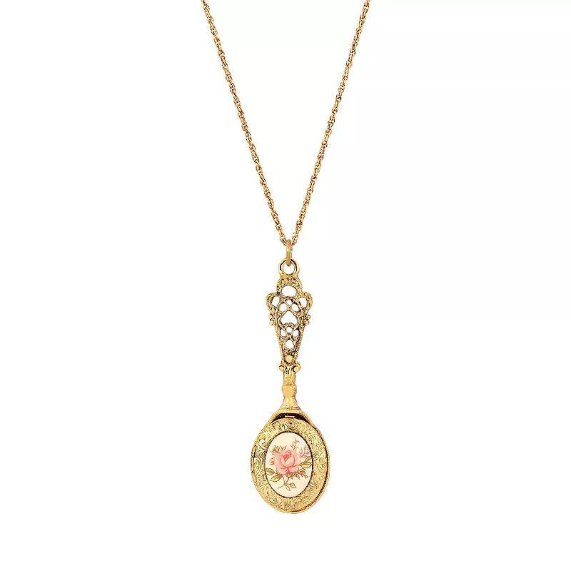 1928 Gold Tone Flower Decal Oval Locket Necklace, Womens, Pink Product Image