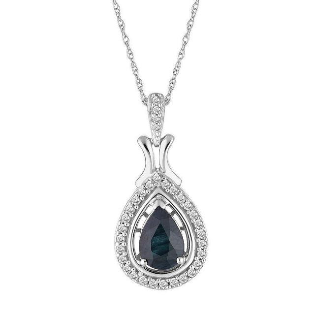 10k White Gold Sapphire & 1/6 Carat T.W. Diamond Teardrop Halo Pendant, Womens Blue Product Image