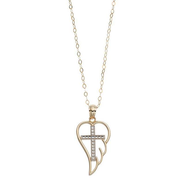 Two Tone 10k Gold Angel Wing & Cross Pendant Necklace, Womens 10k 2 Tone Product Image