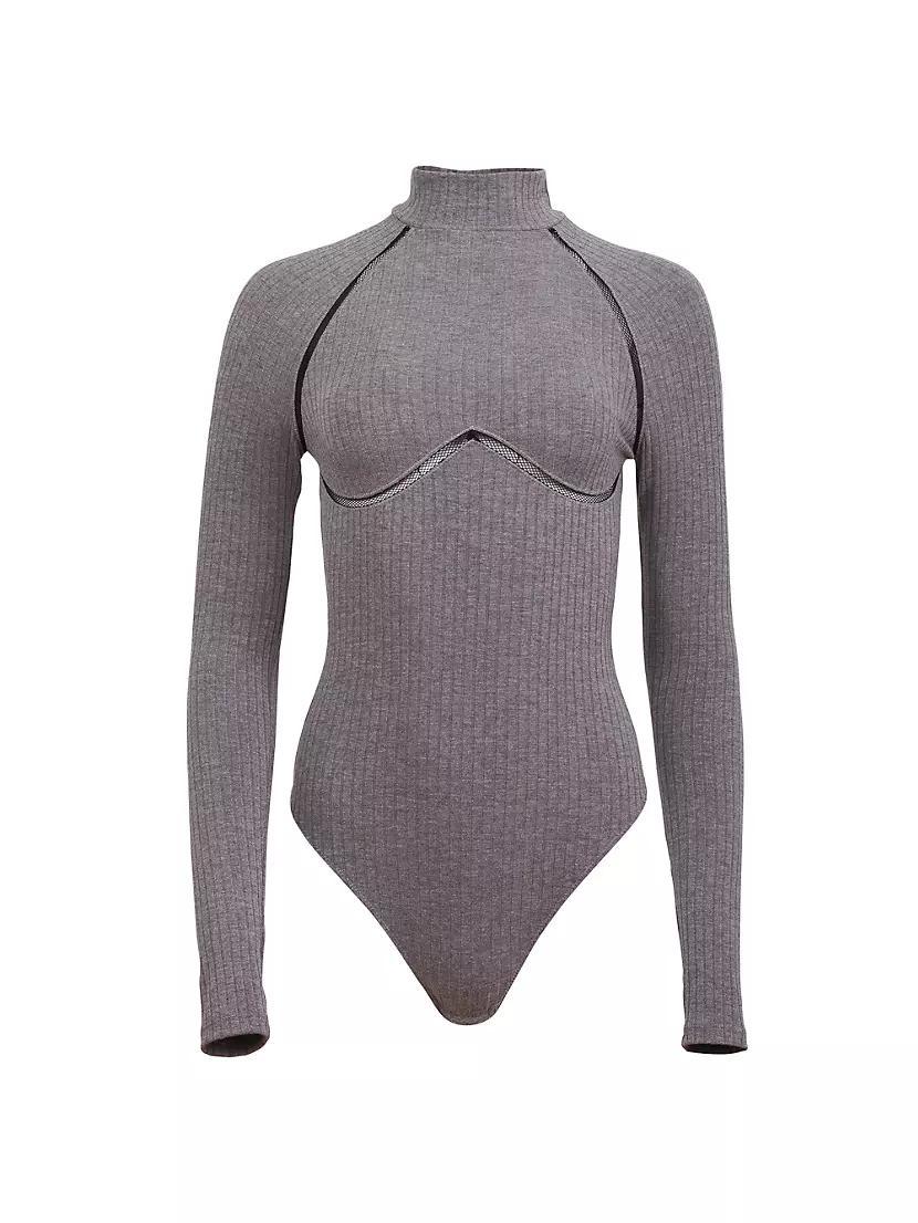 Lace Trim Rib-Knit Long-Sleeve Bodysuit Product Image