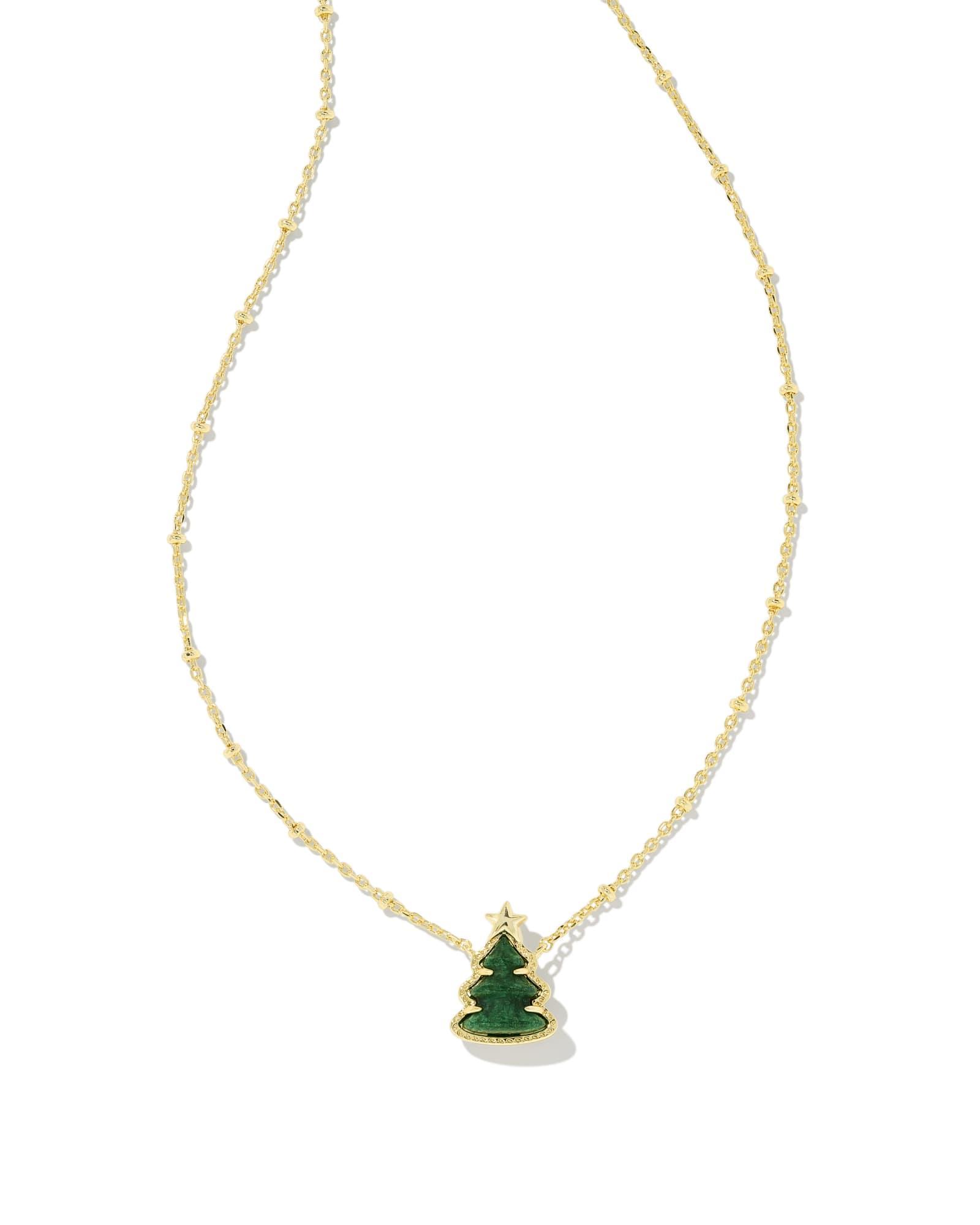 Holiday Tree Gold Short Pendant Necklace in Green Quartzite Product Image