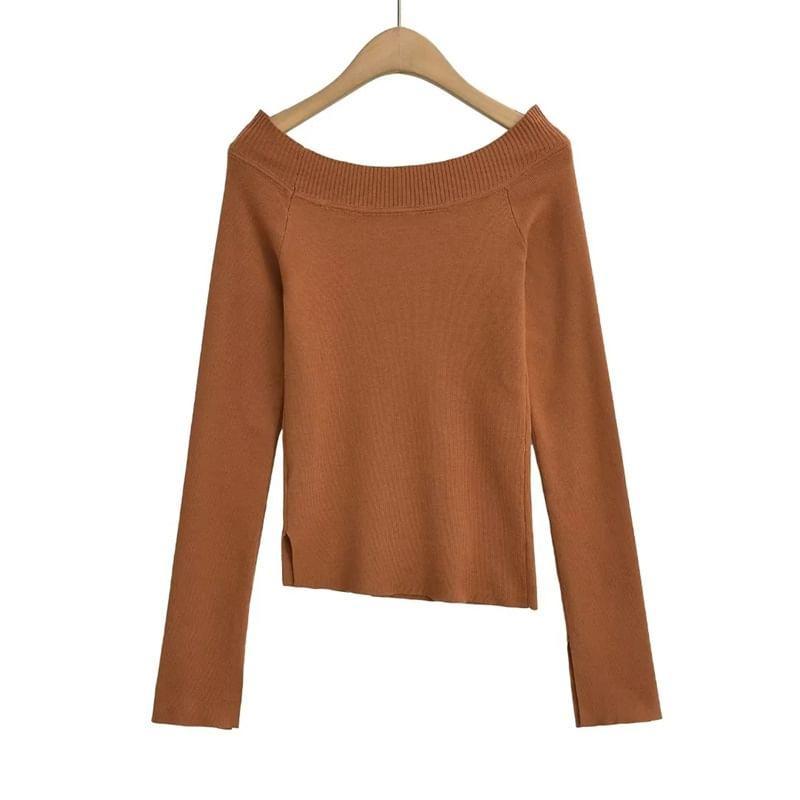 Long Sleeve Boat Neck Plain Asymmetrical Knit Top Product Image