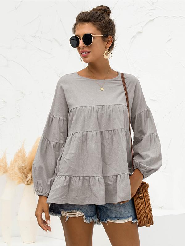 Casual Long Sleeves Puff Sleeves Solid Color Round-Neck T-Shirts Tops Product Image