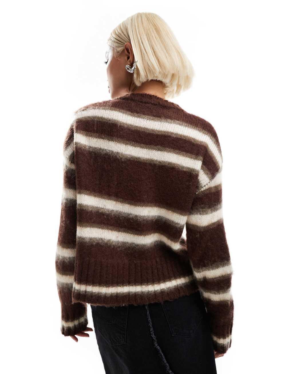 COLLUSION fluffy crew neck cardigan in brown stripe  Product Image