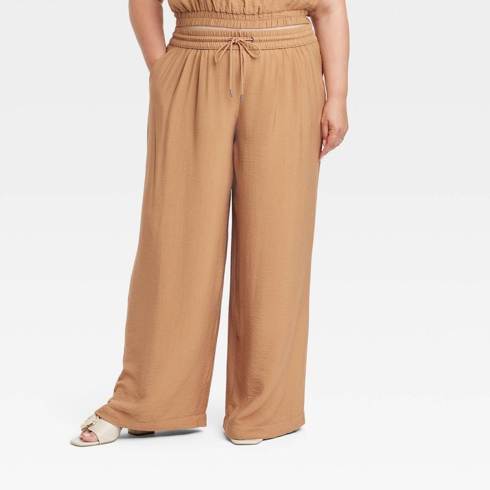 Womens High-Rise Modern Gauze Wide Leg Pull-On Pants - A New Day Tan 2X Product Image