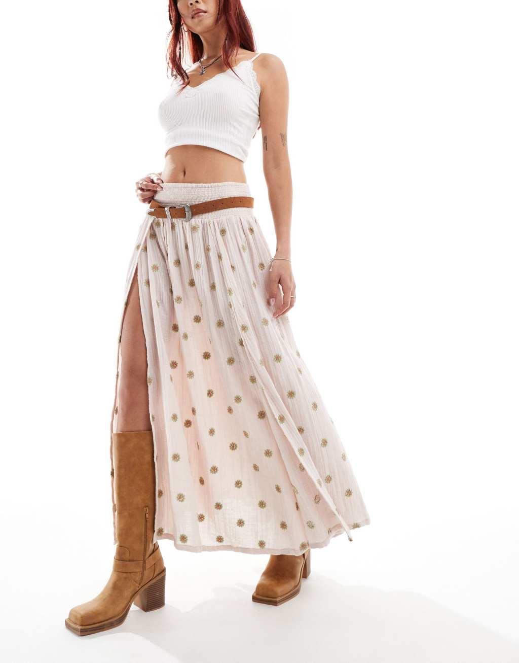 Free People floral print midi skirt with slit in neutral Product Image